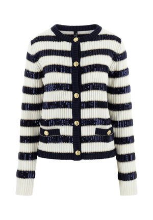 Marineblauer und weiß gestreifter, gerippter Cardigan mit goldenen Knöpfen und zwei Fronttaschen, langen Ärmeln und rundem Ausschnitt.