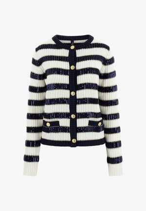 Navy blue and white striped ribbed cardigan with gold buttons and two front pockets, long sleeves, and round neckline.
