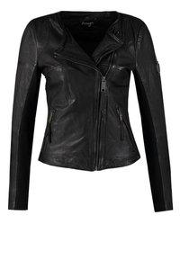 Veste de motard en cuir noir avec fermeture éclair asymétrique à l'avant, poches latérales zippées et manches longues ajustées.