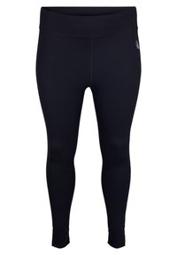 Sorte leggings lavet af strækbart stof med en glat tekstur, der har en høj talje og minimale syninger.