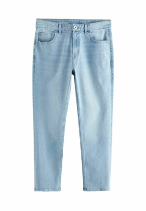Vaaleansiniset slim-fit farkut, joissa on viisi-taskumalli, ommeltuja yksityiskohtia ja tavallinen vyöt�ärö nappikiinnityksellä.