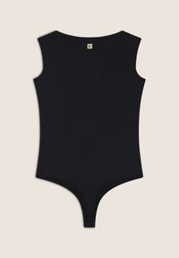 Body senza maniche nero con scollatura rotonda, realizzato in tessuto morbido, con un retro a perizoma e un piccolo tag con logo vicino al collo.