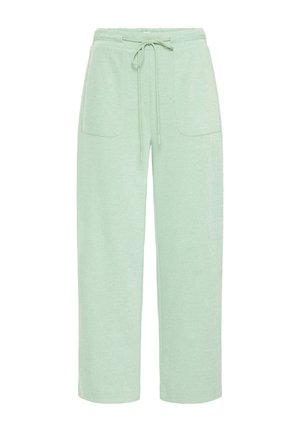 Lichtgroene sweatpants met wijde pijpen, een elastische tailleband, trekkoord en voorzakken met opgestikte zakken.