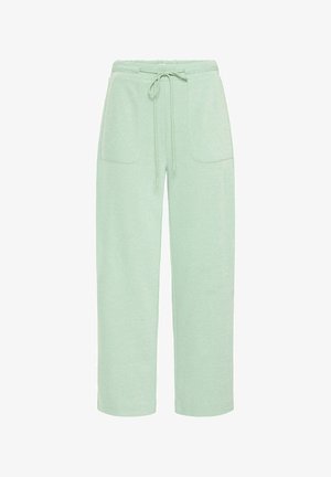 Lichtgroene sweatpants met wijde pijpen, een elastische tailleband, trekkoord en voorzakken met opgestikte zakken.