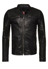 Giacca di pelle nera con collo alto, chiusura frontale con zip e due tasche sul petto con zip. Presenta una texture liscia e un design aderente.