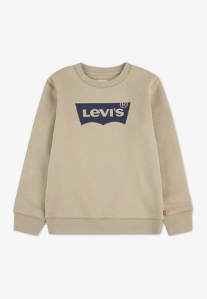 Beżowa bluza z okrągłym dekoltem, granatowym logo Levi's na piersi oraz ściągaczami przy mankietach i u dołu.