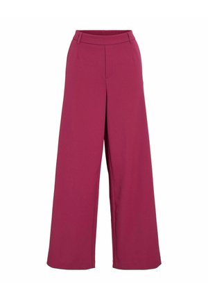 Pantalon à jambes larges de couleur magenta riche. Confectionné dans un tissu doux à la texture lisse. Dispose d'une taille mi-haute et de poches avant ajustées.
