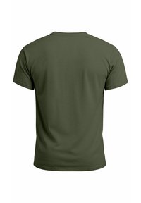 Olive green cotton t-shirt with short sleeves and a crew neck. Smooth texture, plain design, no visible patterns or accents. Back view.