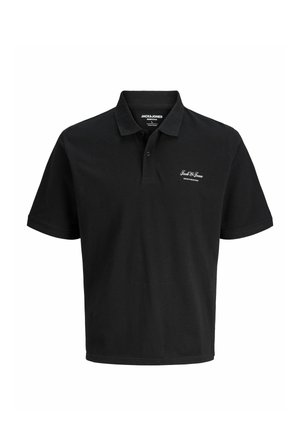 Czarna koszulka polo z krótkim rękawem, dwoma guzikami i wyszywanym logo "Jack & Jones" na lewej piersi.