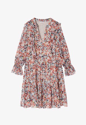 Robe à imprimé floral avec de longues manches volantes, décolleté en V et ourlet à volants. Fabriquée en tissu léger dans des tons de rose, bleu et rouge.