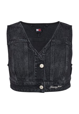 Black denim cropped vest with a V-neck, featuring front button closures and a stitched pattern. Logo detail at the hem.