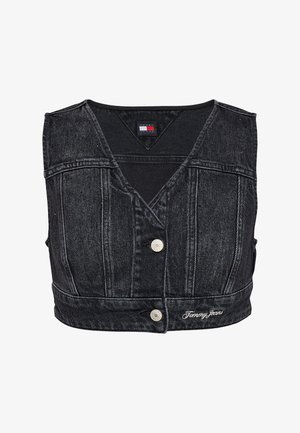 Black denim cropped vest with a V-neck, featuring front button closures and a stitched pattern. Logo detail at the hem.