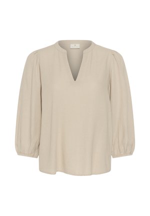 Beige Bluse mit langen Ärmeln, gerafften Ballonärmeln, V-Ausschnitt und elastischen Bündchen, aus leichtem Stoff gefertigt.