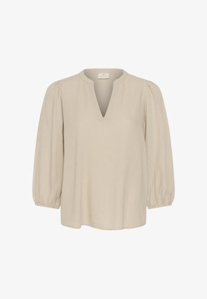 Beige Bluse mit langen Ärmeln, gerafften Ballonärmeln, V-Ausschnitt und elastischen Bündchen, aus leichtem Stoff gefertigt.