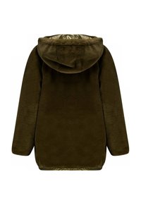 Veste en polaire vert olive avec capuche, dotée d'une texture douce et d'une coupe plus longue. L'intérieur présente une doublure satin contrastante.