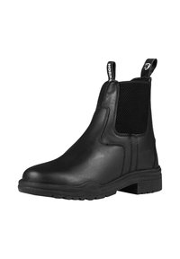 Botas Chelsea de cuero negro con paneles laterales elásticos, puntera redonda, suela de goma texturizada y tirador para facilitar su uso.