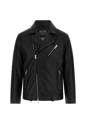 Chaqueta de moto de cuero negro con cuello de solapa, cremallera frontal asimétrica, dos bolsillos laterales y un pequeño bolsillo en el pecho con detalle de cremallera.