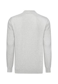 Suéter de punto gris claro, con textura de punto, mangas largas, puños y dobladillo acanalados, con un diseño de cuello redondo clásico y un patrón sutil en el cuello.