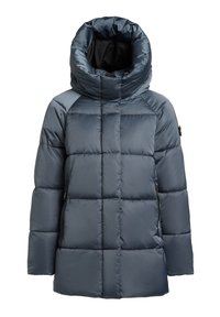 Tamnoplava prošivena pernata jakna s visokim ovratnikom s kapuljačom, prednjim patentnim zatvaračem i patentnim zatvaračima na bočnim džepovima.