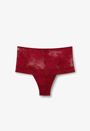 Rode kant hoge taille string ondergoed met bloemenpatroon en gegolfde randen, plat weergegeven op een witte achtergrond.