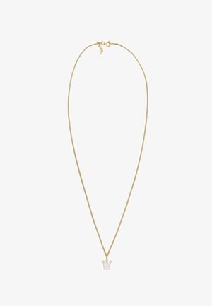 Goldkette mit einer gedrehten Kette und einem kleinen Anhänger im pastellfarbenen Kronendesign, akzentuiert mit zwei hellblauen Edelsteinen und einem Herzdetail.