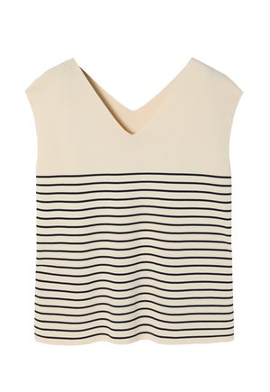 Beige színű, V-nyakú felső, amelynek alsó részén vízszintes fekete csíkos minta található, rövid ujjú.