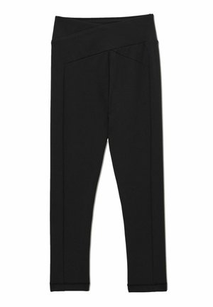Sorte leggings med høj talje med en bred, overlappende talje og smalle ben, designet til atletisk eller afslappet brug.