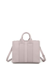 Borsa strutturata rosa chiaro con doppi manici superiori e una tracolla rimovibile. Presenta cuciture verticali e una superficie liscia.