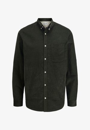 Mørkegrøn fløjlsbluse med lange ærmer, knappet krave, brystlomme og hvide knapper. Vertikal ribbet tekstur over det hele.