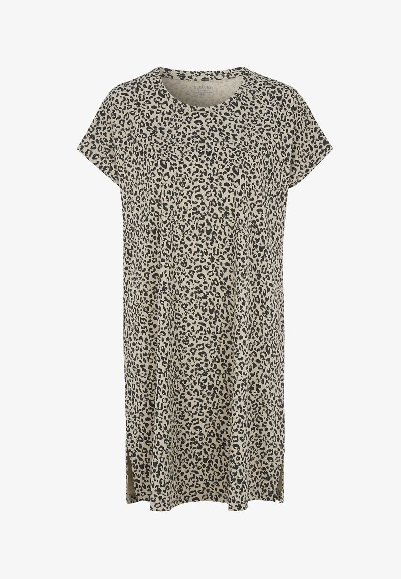 Beige short-sleeve dress with black and brown leopard print pattern, round neckline, and side slits at the hem.