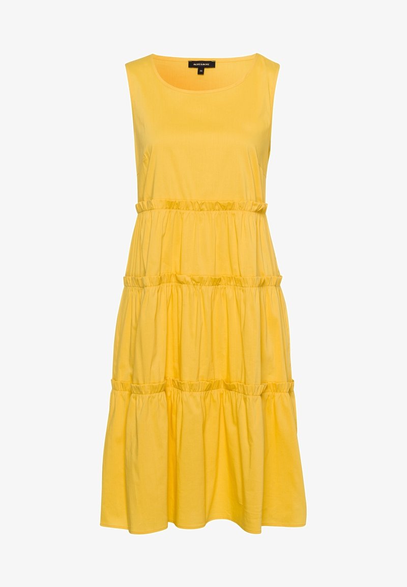 Robe jaune sans manches à étages avec encolure ronde et détails de volants élastiques à la taille et dans les parties basses, taille 36.