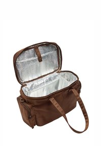 Brązowa torba izolowana z suwakiem, z wnętrzem w kolorze srebrnym. Dwie materiałowe uchwyty do łatwego przenoszenia.