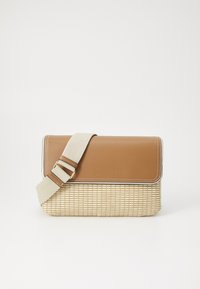 Brown leather crossbody bag with a woven beige texture. Features a flap closure, white stitching, and an adjustable beige strap.