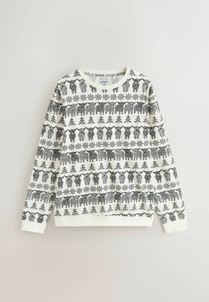 Pulover alb cu modele negre ce includ animale, copaci și fulgi de zăpadă. Are guler rotund și manșete rigate. Material din bumbac.