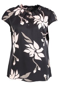 Czarna bezrękawnikowa bluzka z marszczonym dekoltem. Zawiera duże jasnopinkowe wzory kwiatowe i beżowe akcenty. Gładki, lekki materiał.