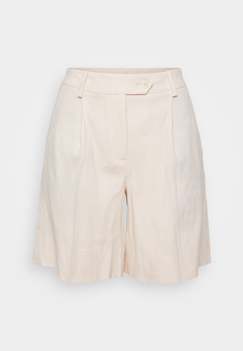 Beige Leinenkurze mit lockerem Schnitt, ausgestattet mit zwei vorderen Falten, einem einzelnen Knopfverschluss und seitlichen Taschen. Glatte Textur.