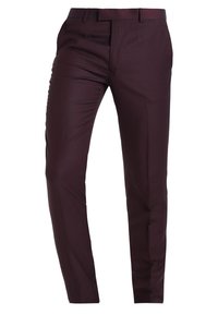 Burgundy skräddarsydda byxor gjorda av ett slätt tyg, med en slim fit-design, platt front och subtila veck längs med benen.