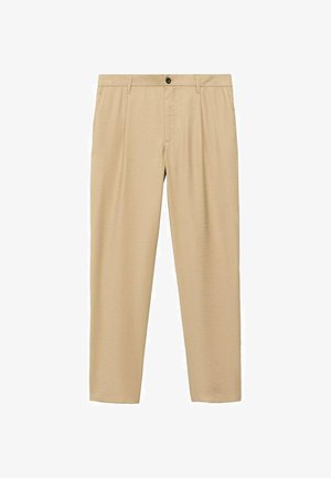 Pantaloni bej cu o textură netedă, având un design cu picior drept, pliseuri frontale și un sistem de închidere cu buton la talie.