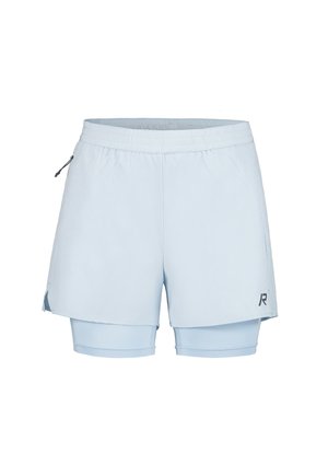 Lyseblå træningsshorts med indbyggede kompressionsleggings, elastisk taljebånd, lynlås på sidelomme og lille logo på venstre kant.