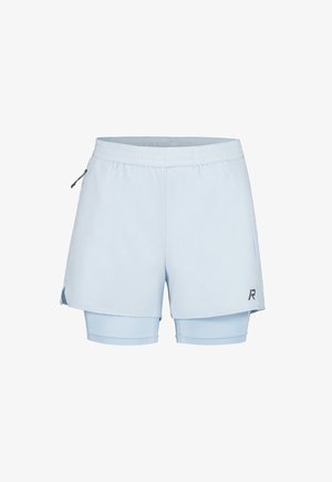 Lichtblauwe sportbroek met ingebouwde compressietights, een elastische tailleband, een zijzak met ritssluiting en een klein logo op de linker zoom.