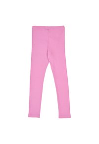 Roze leggings gemaakt van zachte, rekbare stof. Voorzien van een elastische tailleband en een gladde, uniforme textuur zonder zichtbare patronen of hardware.