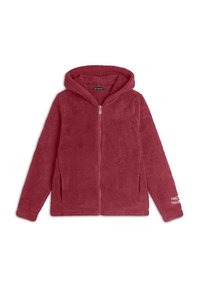 Giacca con cappuccio in peluche rosso, con zip frontale, caratterizzata da un tessuto testurizzato e un logo stampato sulla manica sinistra. Design morbido, caldo e casual.