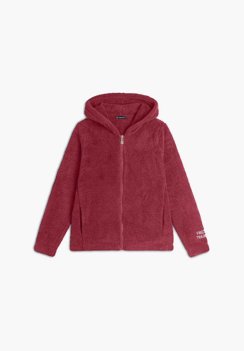Giacca con cappuccio in peluche rosso, con zip frontale, caratterizzata da un tessuto testurizzato e un logo stampato sulla manica sinistra. Design morbido, caldo e casual.