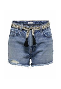 Modri jeans kratke hlače s razrahljanimi robovi, z woveno pasom z črnimi resicami. Vključujejo sprednje žepke in uničene detajle.