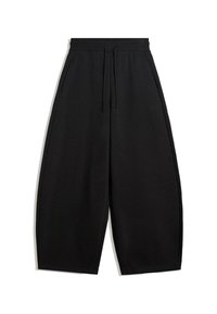 Losse zwarte broek met wijde benen, voorzien van een elastische tailleband en koord, met zijzakken, gepresenteerd op een witte achtergrond.