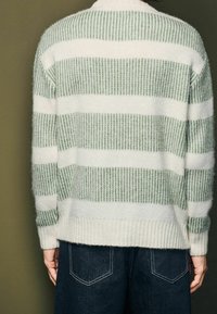Gestreifeter Pullover in Hellgrün und Weiß, gestrickte Textur, gerippter Saum und Bündchen, mit einem lockeren Schnitt. Rückansicht gezeigt.