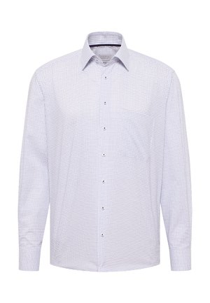 Langärmliges Button-Down-Hemd in Hellblau und Weiß mit kleinem Karomuster. Mit Kragen und einer Brusttasche.