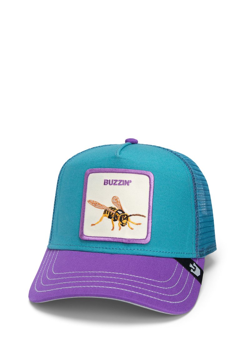 Turquoise cap with a purple brim, featuring an embroidered bee patch labeled "BUZZIN'." Mesh back and contrast stitching on the brim.