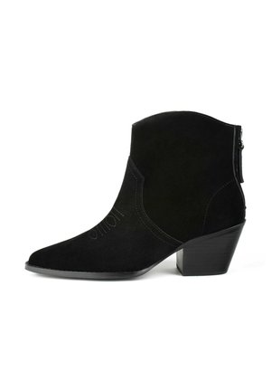 Schwarze Wildleder-Stiefelette mit spitzem Zehenbereich, Reißverschluss an der Rückseite und einem moderaten Blockabsatz. Mit dekorativer Naht an der Seite.