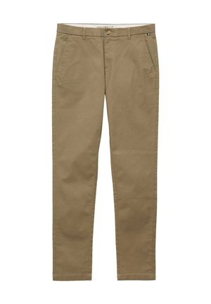 Pantalones chinos beige de corte ajustado con bolsillos delanteros, trabillas para cinturón y cierre de botones, mostrados extendidos sobre un fondo blanco.